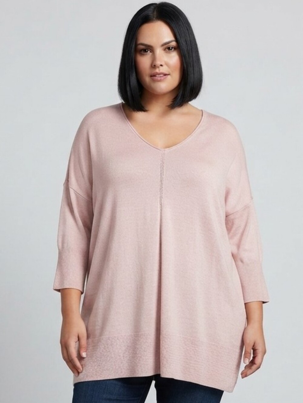 In Every Story Plus Size Blush Pink 3/4 Sleeve Knit Tunic Sweater, Plus Size 2X
